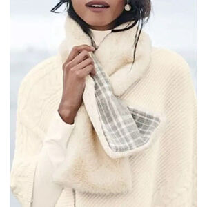 J.Jill ~ Cozy Faux-Fur Reversible Scarf Soft Off White With Gray & White Plaid